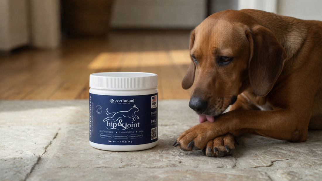 Everhound Hip & Joint closed jar beside a dog licking a wrist