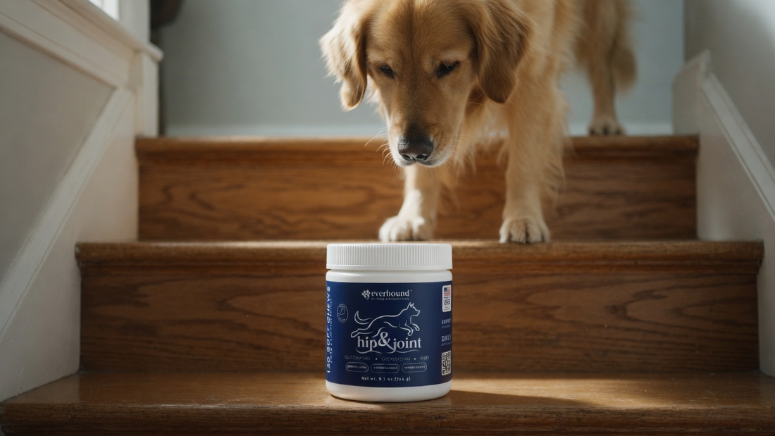 Everhound Hip & Joint closed jar on a stair with a dog