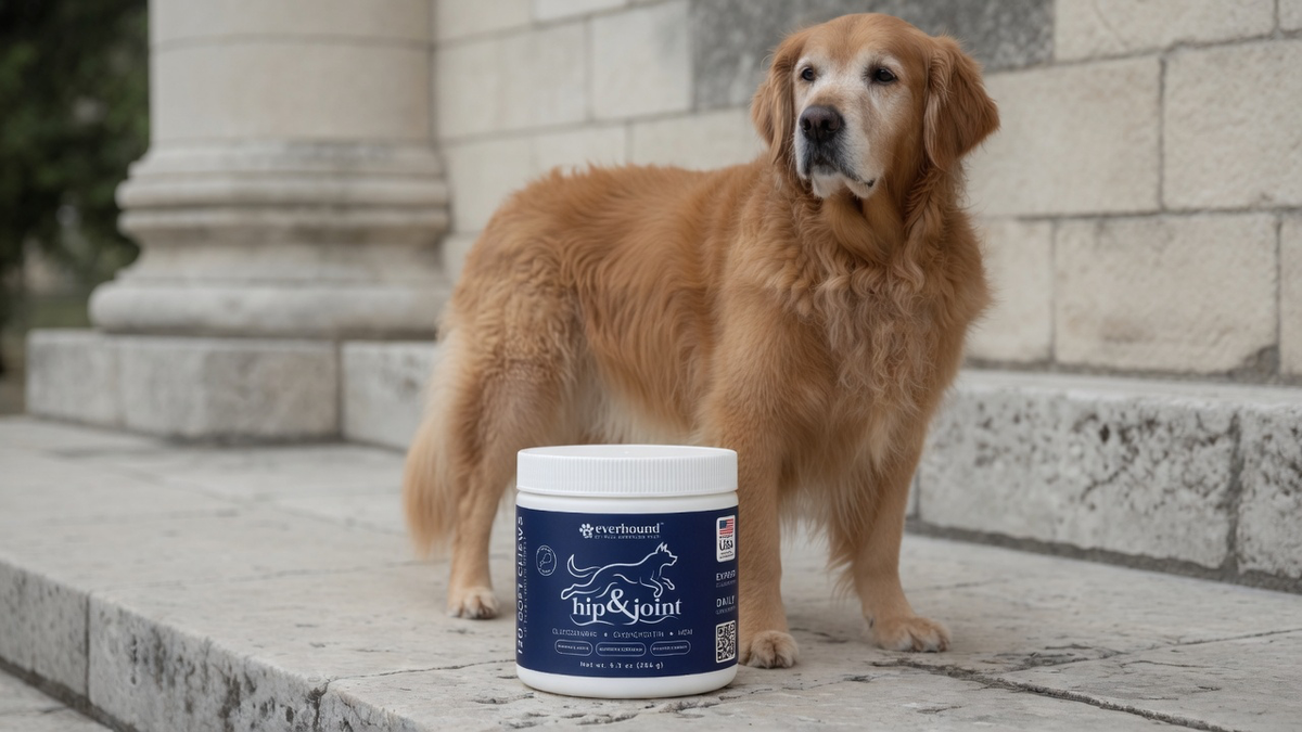 Everhound Hip & Joint closed jar beside an adult dog standing