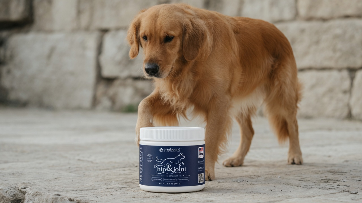 Everhound Hip & Joint jar, closed lid, beside a dog with one paw lifted