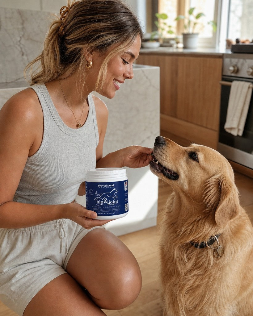 Owner feeding a Golden Retriever in a sunlit kitchen