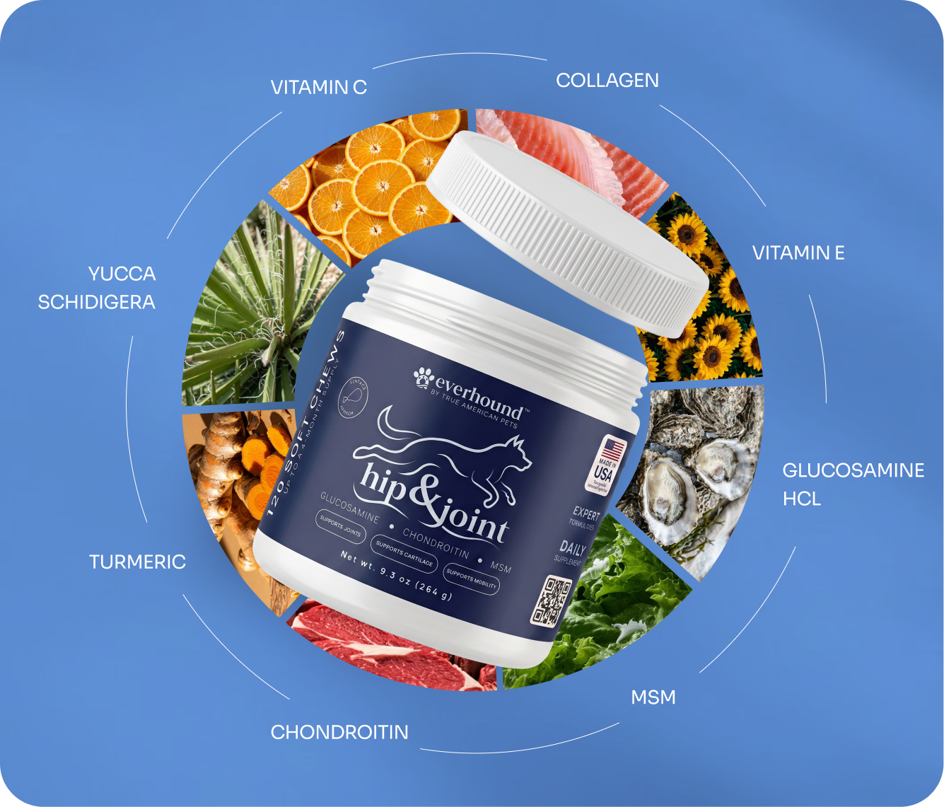 Hip & Joint ingredients: vitamin C, collagen, vitamin E, glucosamine HCL, MSM, chondroitin, turmeric, and yucca schidigera
