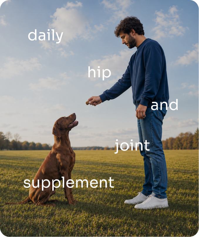 Man giving an Everhound Hip & Joint supplement to his dog outdoors