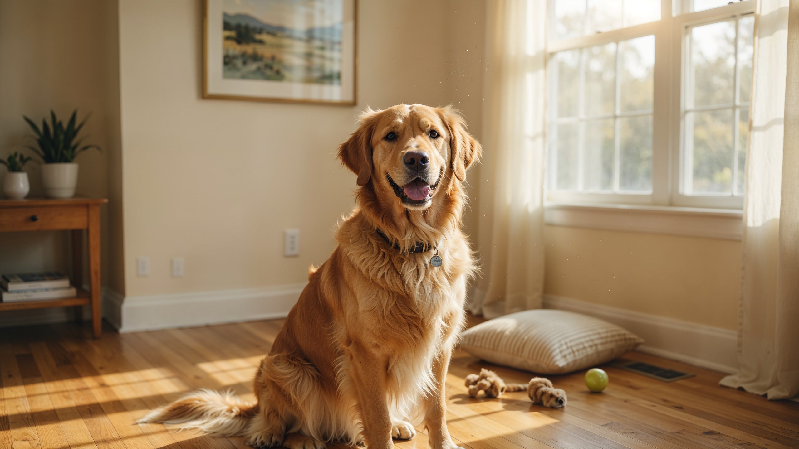 Golden retriever in a sunlit living room