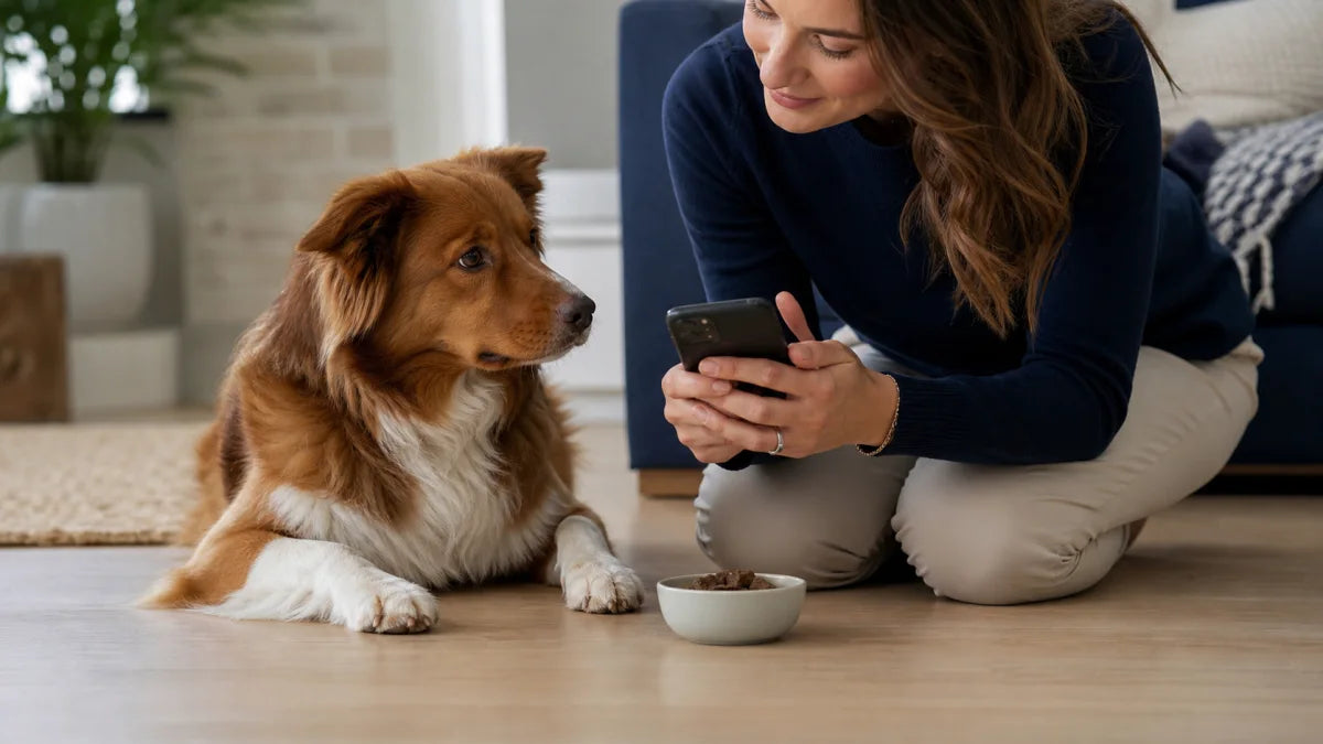 Dog owner checking a weight-based daily serving beside her dog