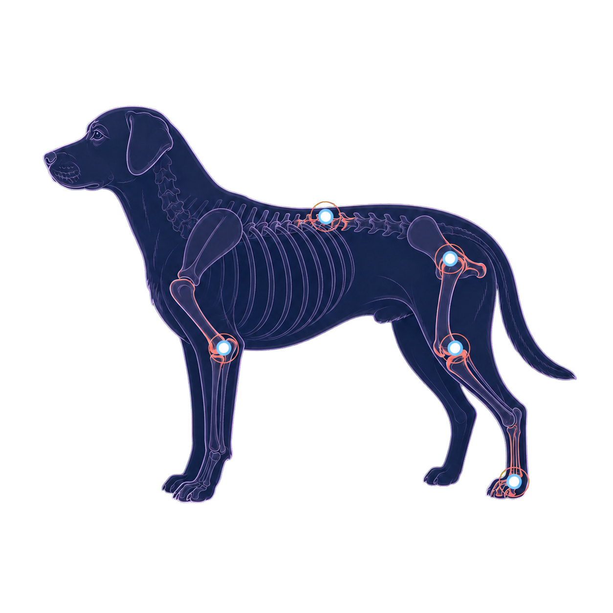 Illustrated dog with five highlighted mobility points